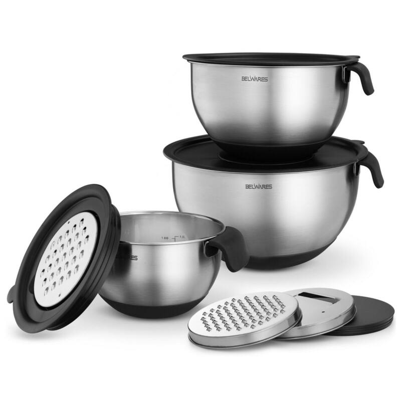 Stainless Steel Mixing Bowls Set of 3, with Lids & Graters, - Black