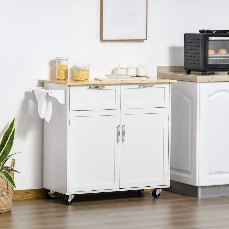 Mobile Kitchen Island with Rubberwood Top, Lockable Rolling Wheels, 2 Drawers & Adjustable Shelves, Portable Kitchen Cart