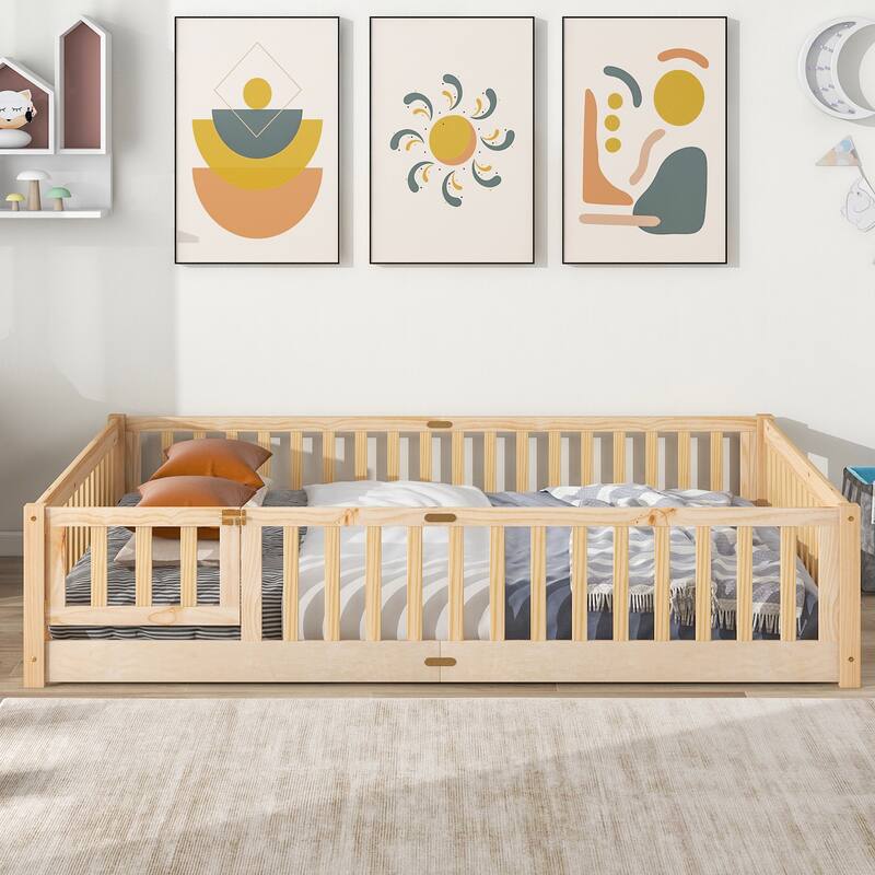Floor Platform Bed with Fence Guardrails and Door