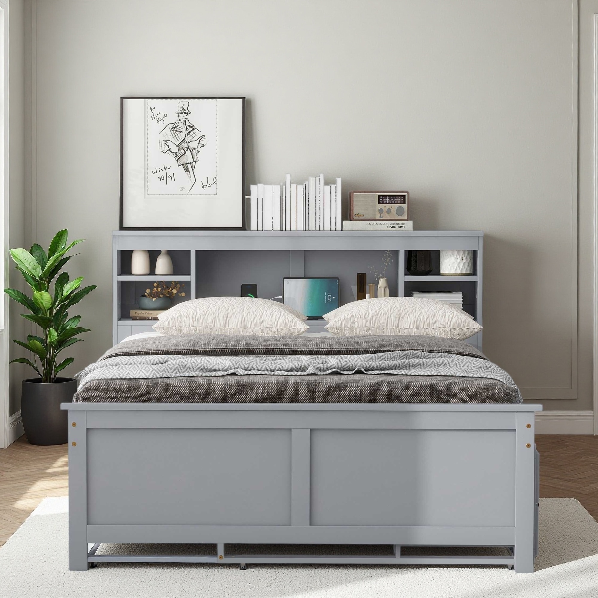 Wood Platform Bed with Storage Headboard, USB Port, Twin Trundle, and 3 Drawers