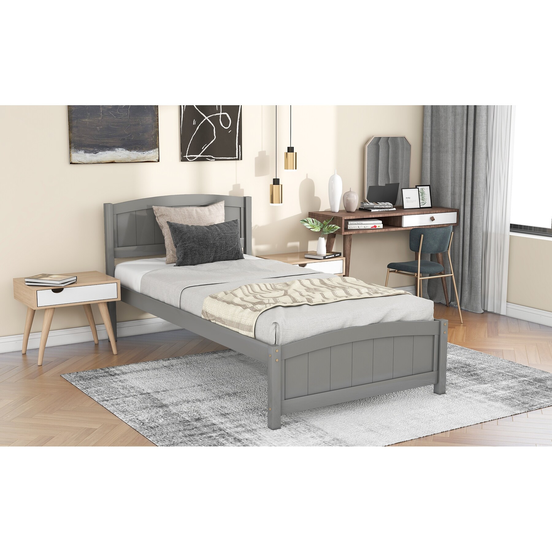 Modern Comfort Twin Wood Platform Bed with Headboard&Underbed Storage