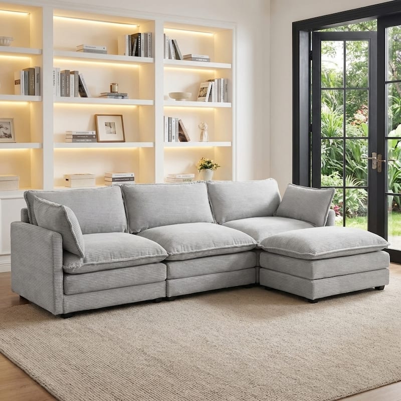 Oversized Modular Corduroy Sectional Sofa Set with Ottoman, 3-Seater / 4-Seater Deep Seat Lounge Couch for Living Room - Light Grey-3 Seat - Reversible