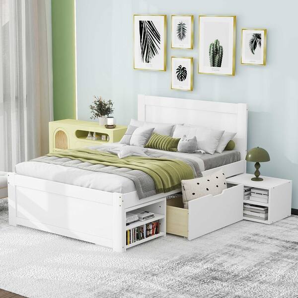 slide 2 of 27, Twin Size Wooden Platform Bed Frame with one Storage Rack on Wheels, one Drawer & Two Shelves for Boys Girls, Noise-Free Antique White - Twin