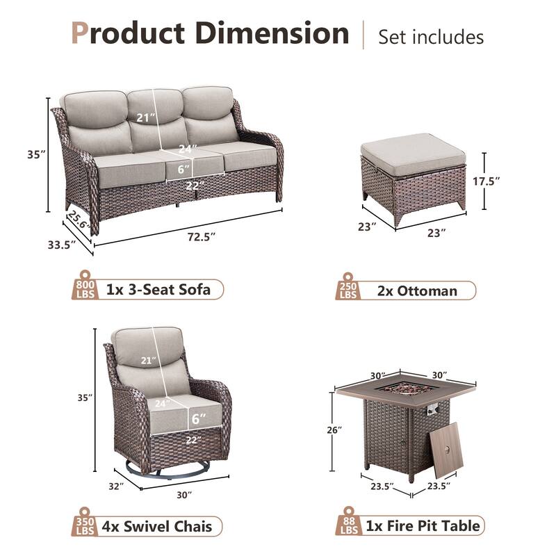 Pocassy 8 Pieces Outdoor 6" Sofa Swivel Chair Ottoman with Fire Pit Table