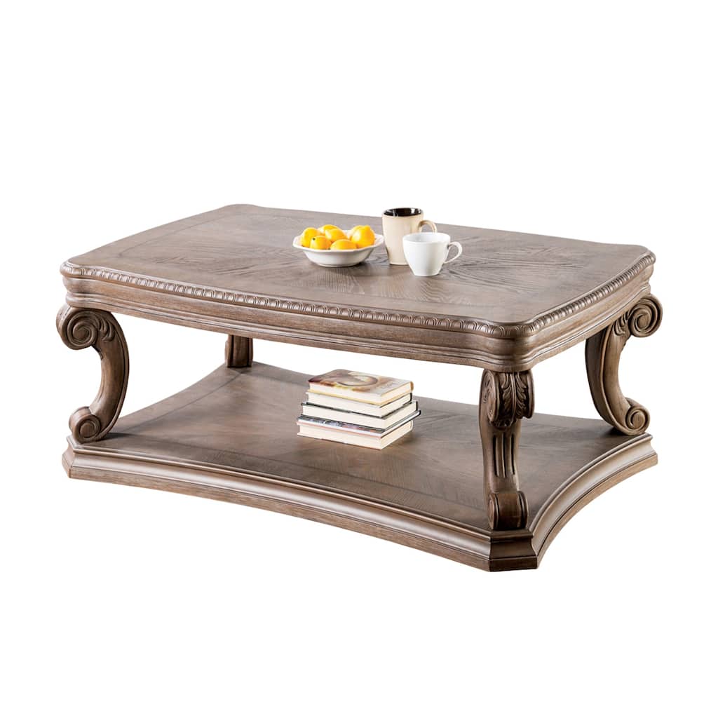 Wooden Coffee Table with Open Bottom Shelf in Weathered Oak
