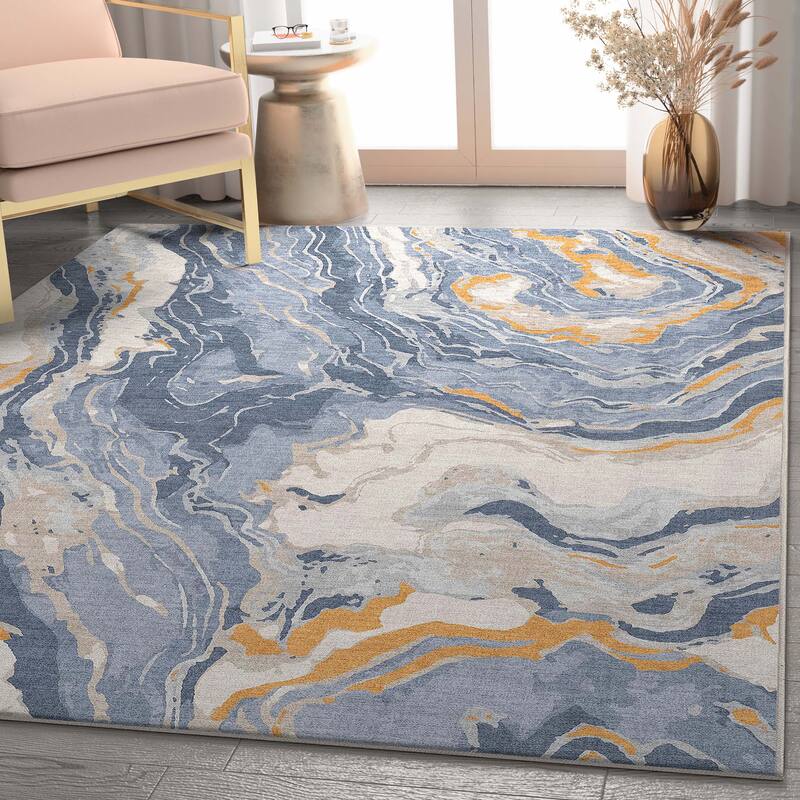 Well Woven Abstract Harmony Modern Boho Marble Flat-Weave Area Rug - 5' 3" x 7' 3" - Blue Gold - Rectangle