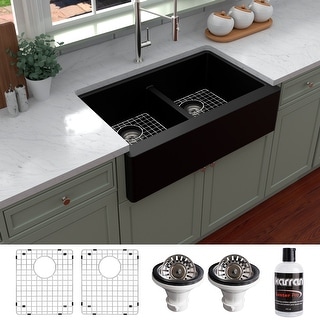 Karran Farmhouse Apron Front Quartz Double Bowl Kitchen Sink Kit