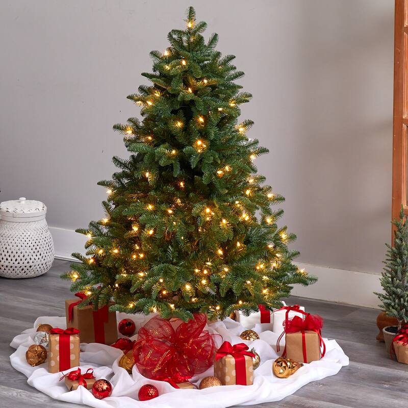 5’ Pre-Lit Flocked North Carolina Fir Artificial Christmas Tree, Warm White Lights - 5 Foot