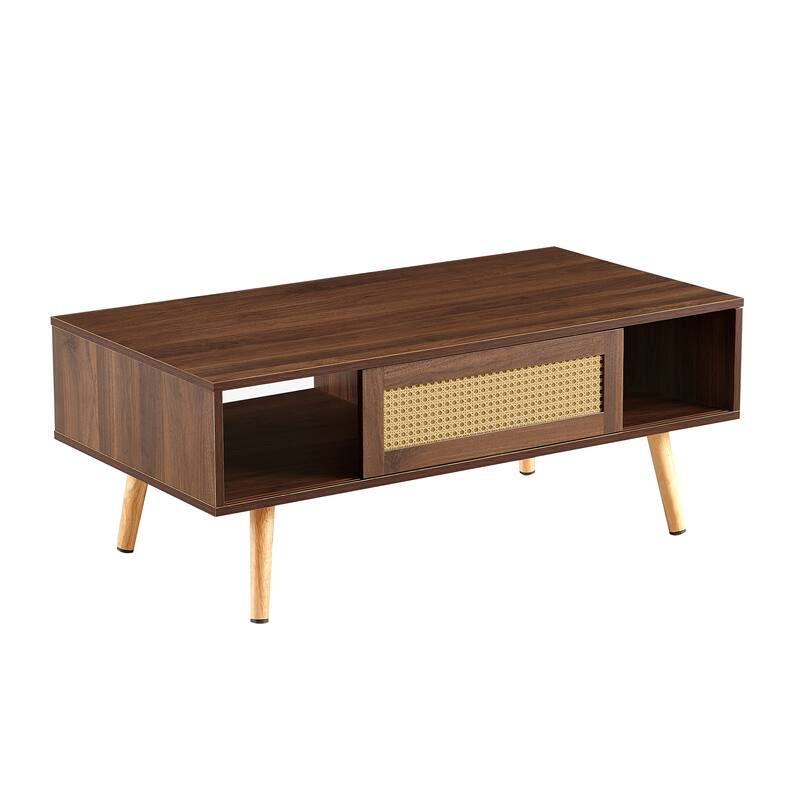 Rectangle Coffee Table with Solid Wood Legs, Sliding Drawer for Storage, Modern Table for Living Room