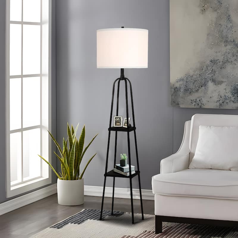 Matte Black Metal Floor Lamp with shelves - Black