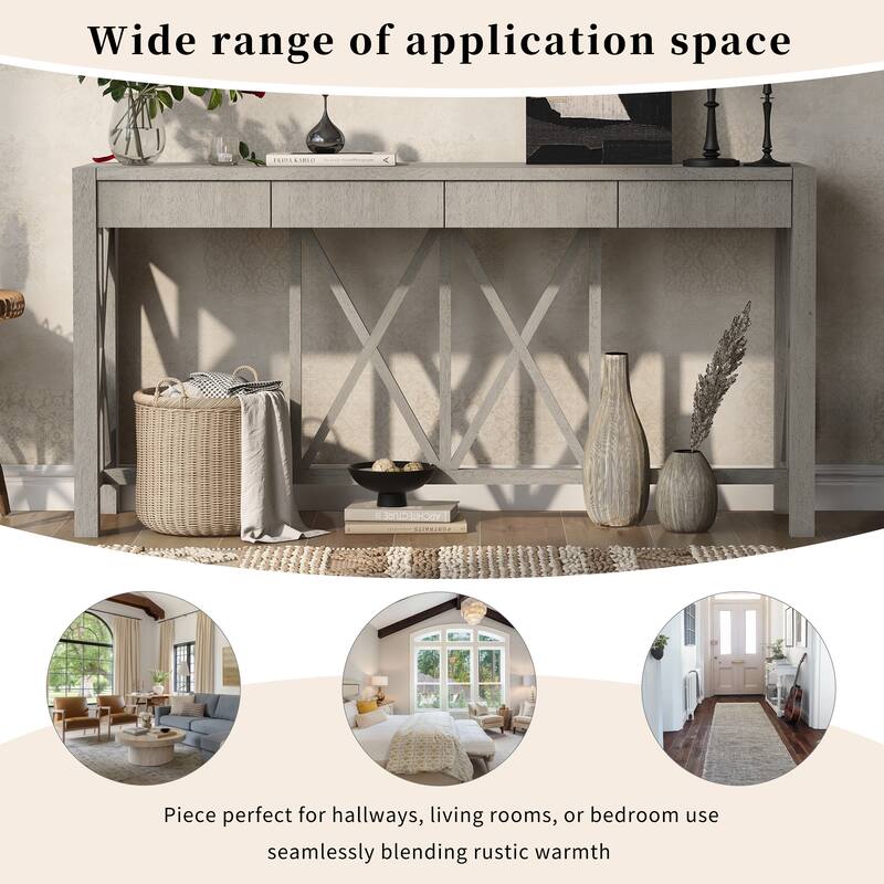 Acacia Veneer Console Table Entryway Table with 4 Drawers and X-Leg, Farmhouse Sofa Table with Open Bottom Storage