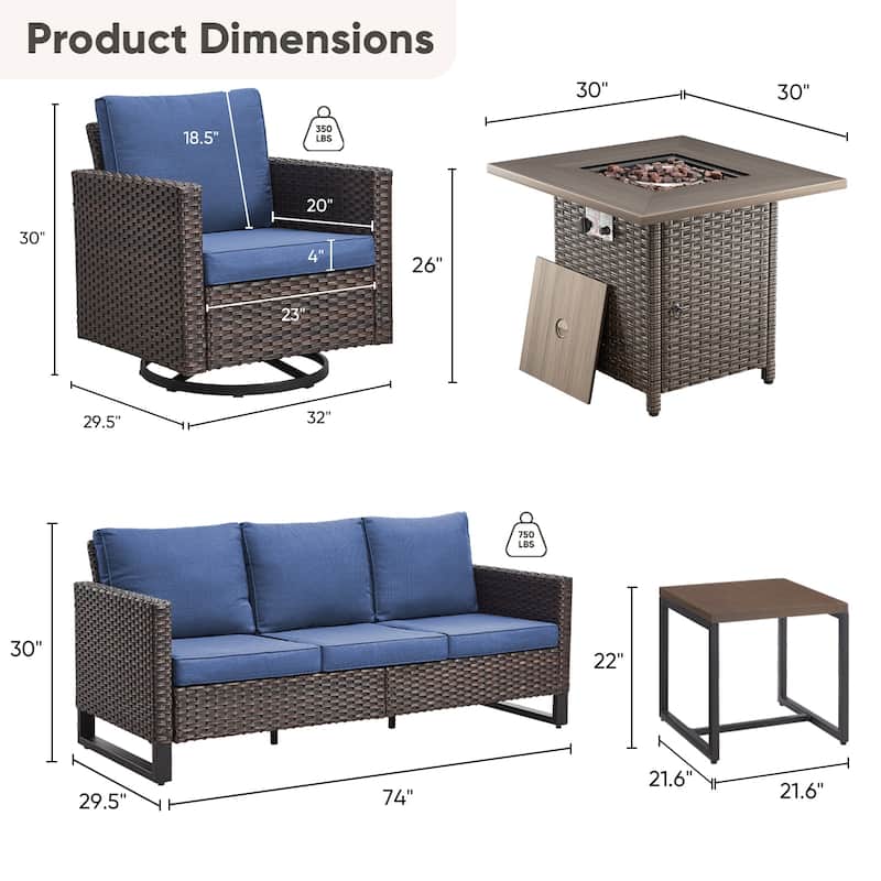 5 Pieces Fire Pit Table with Sofa Swivel Chair Set