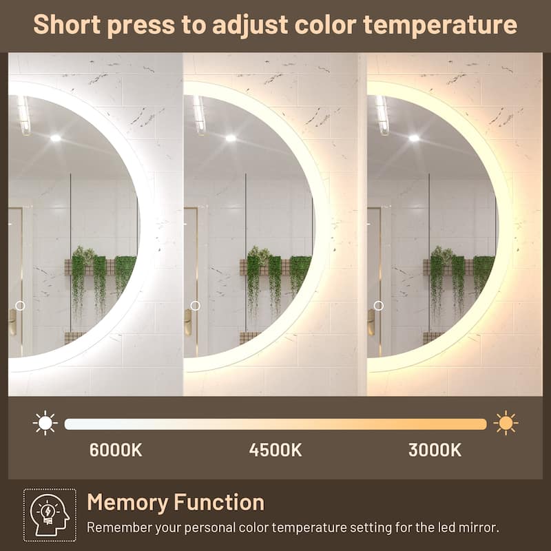 KEONJINN Round LED Frontlit Bathroom Vanity Wall Mirror 3 Colors, Anti-fog