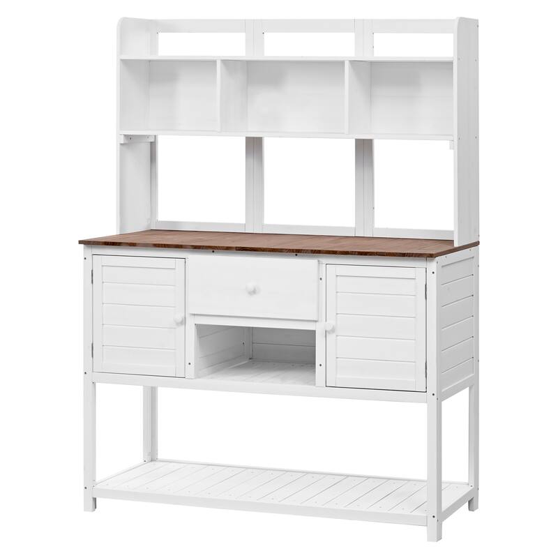 Outdoor Wood Potting Bench with Cabinets and Hutch, Garden Workstation Table with Adjustable Shelves and Hooks