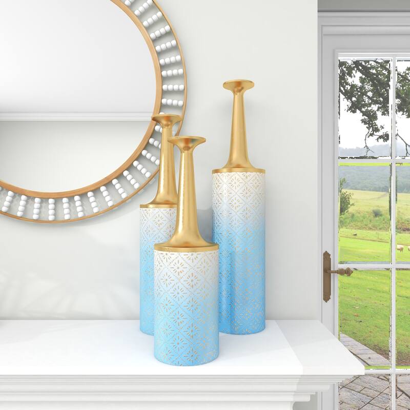 Blue Metal Floral Decorative Vase with Gold Top (Set of 3)