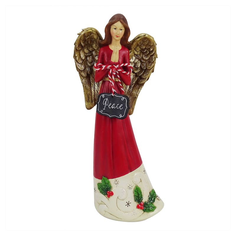 Alpine Corporation WAC882HH 13" Tall Peace Winter Angel Statue Decor, Polyresin Christmas Angel w/Red Dress Holding "Peace" Sign