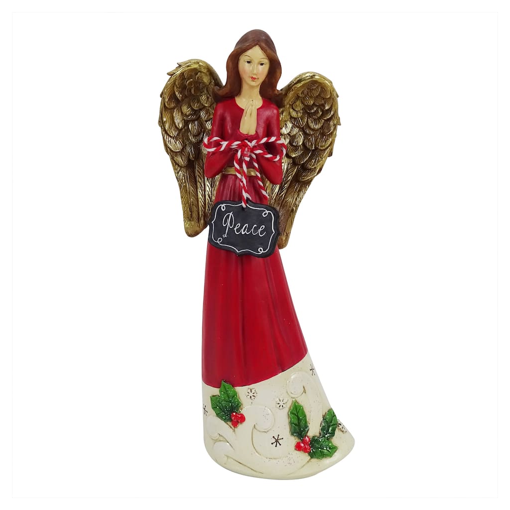Alpine Corporation WAC882HH 13" Tall Peace Winter Angel Statue Decor, Polyresin Christmas Angel w/Red Dress Holding "Peace" Sign