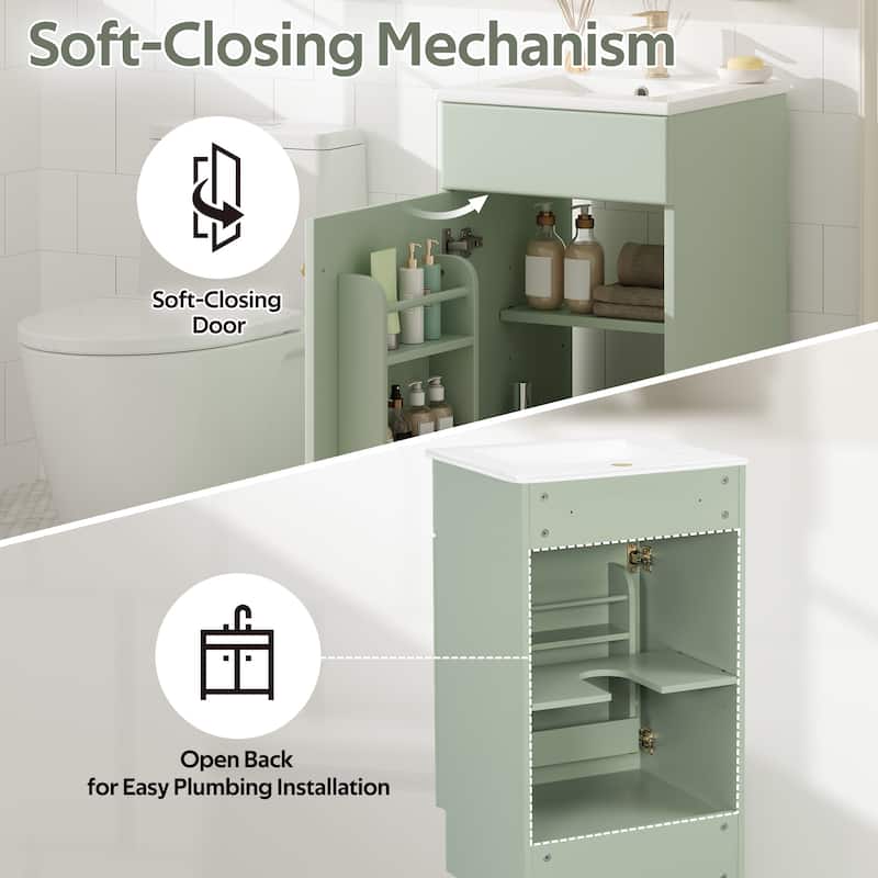 18 Inch Bathroom Vanity with Ceramic Sink, Freestanding Vanity Cabinet with Soft Close Door and Adjustable Shelf