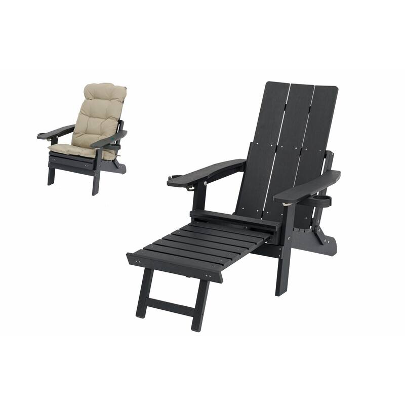 Poly Lumber Outdoor Adjustable Back Adirondack Chair with Ottoman Cup Holders and Cushion - Black