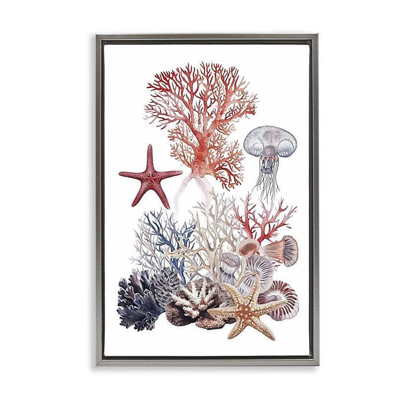 Stupell Aquatic Animals & Coral Framed Floater Canvas Wall Art Design By Ramona Murdock - 21 x 31 - Grey