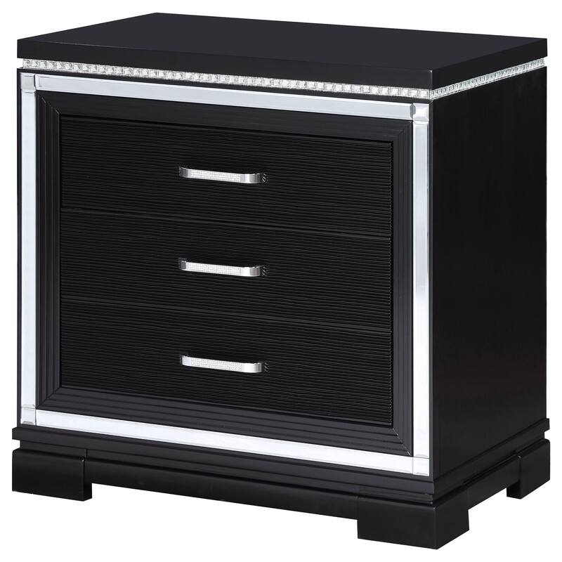 Glam Black 2-Drawer Nightstand with Mirrored Trim, Crystal Border, Felt Lined Drawer and USB Charging Ports
