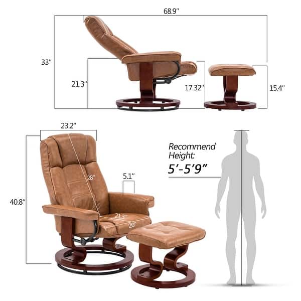 dimension image slide 3 of 6, MCombo Swiveling Recliner Chair with Wood Base and Ottoman