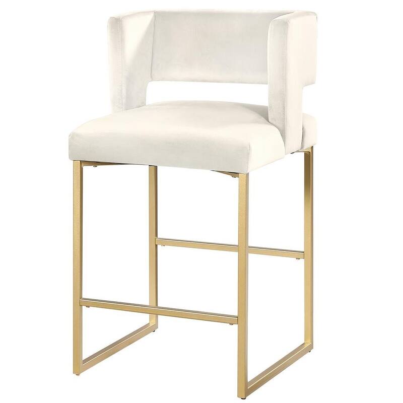 27 Inch Counter Stool Set of 2 with Soft Padded Cream Velvet Upholstery, Gold Metal Legs, Kitchen Side Stool