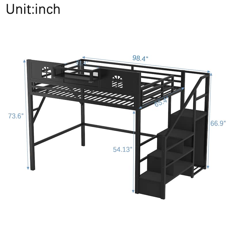 Full / Queen Size Loft Bed with Stairs, House Shaped Guardrails, and Wardrobe Storage