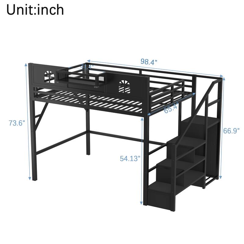 Queen Size Loft Bed with Stairs, Queen Loft Bed with High and House Shaped Guardrails, High Loft Bed with Wardrobe for Kids