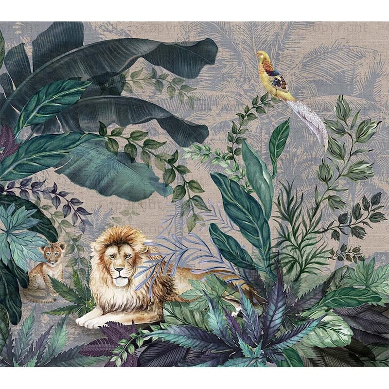 Luxurious Jungle Safari Wallpaper Mural Lions and Tropical Foliage - Purple - W:131" x H:118"