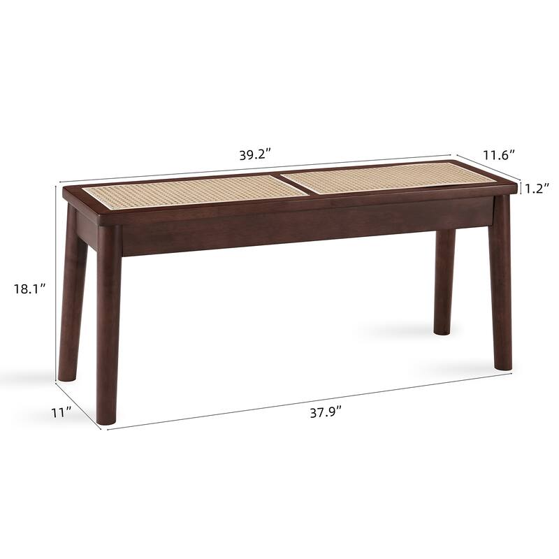 40 x 12 "Wooden Bench,Walnut Color,Hand Woven Cane Seat,Solid Wood Bench For Entrance,Living Room, Kitchen,Long Bench,18" High