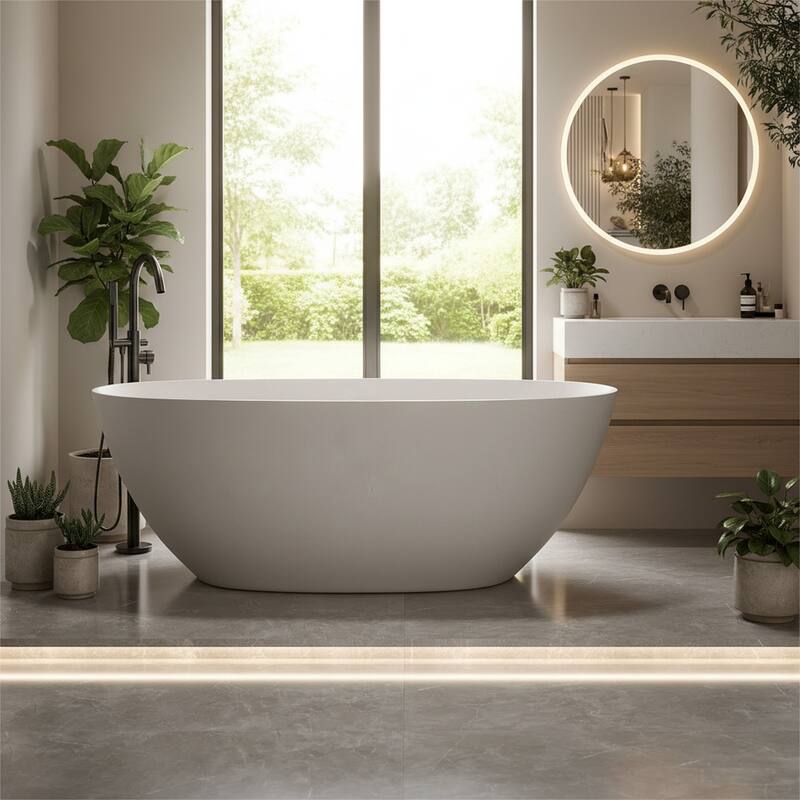 Luxury Solid Surface Freestanding Soaking Bathtub with Center Drain and Pop-up Drain, Modern Beige Tub with Overflow