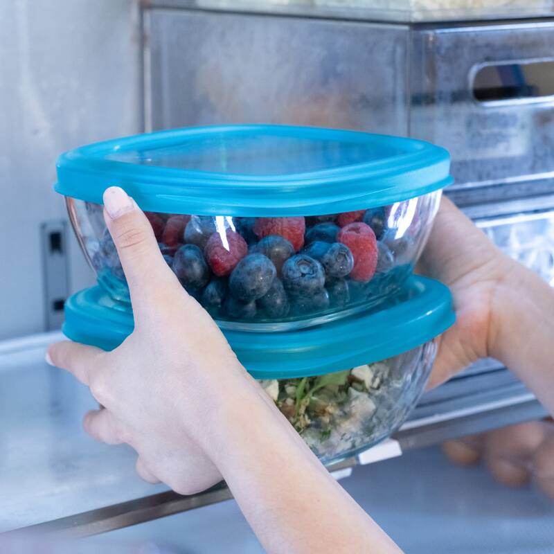 Libbey Serve It 8-Piece Glass Storage Bowl Set with 6-Cup Containers and Blue Plastic Lids - Set of 8