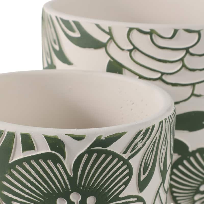 Pottery Planters Floral Carved Design (Set of 2) - 7", 6" White, Green - 8" x 8" x 7"