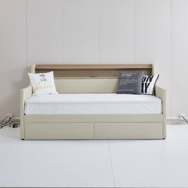 Twin Size Daybed with Storage Drawers, LED Lights, Charging Station, and Upholstered Design