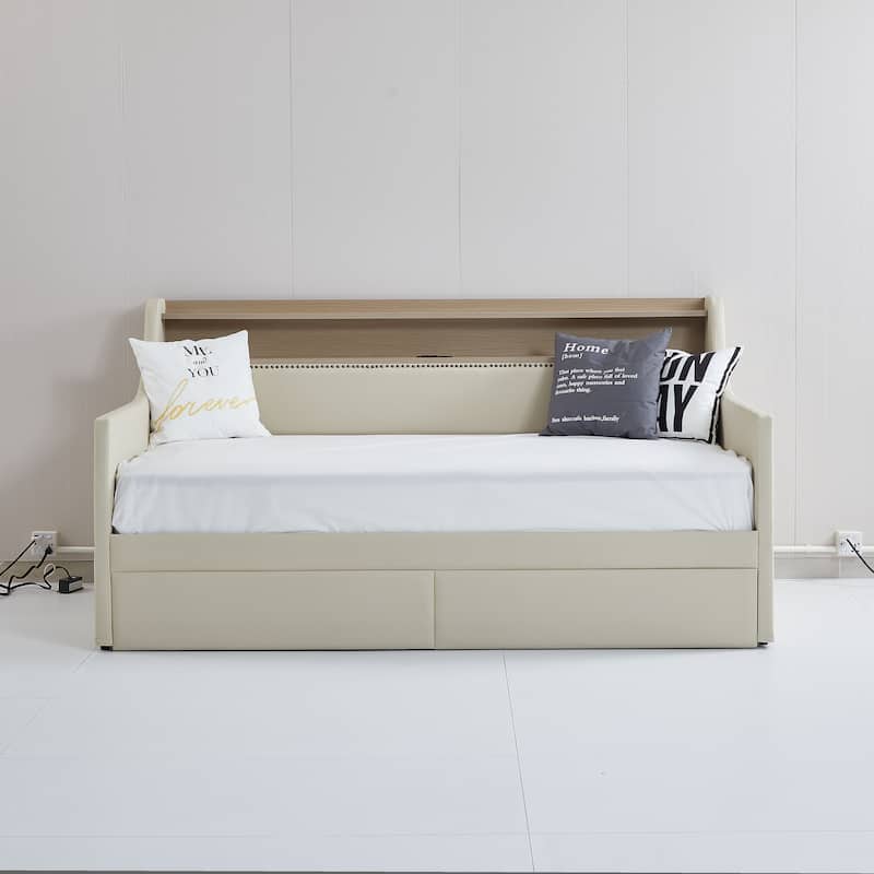 Twin Size Upholstered Daybed with Storage Drawers,Charging Station and LED Lights