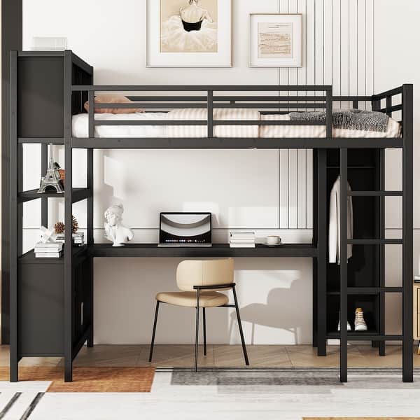 slide 2 of 20, Metal Heavy Duty Full Loft Bed with Wardrobe, L-Shaped Desk, Storage Cubes and Shelves Black