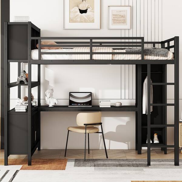 slide 2 of 28, Metal Loft Bed with Wardrobe And L-shaped Desk, Full Size Black