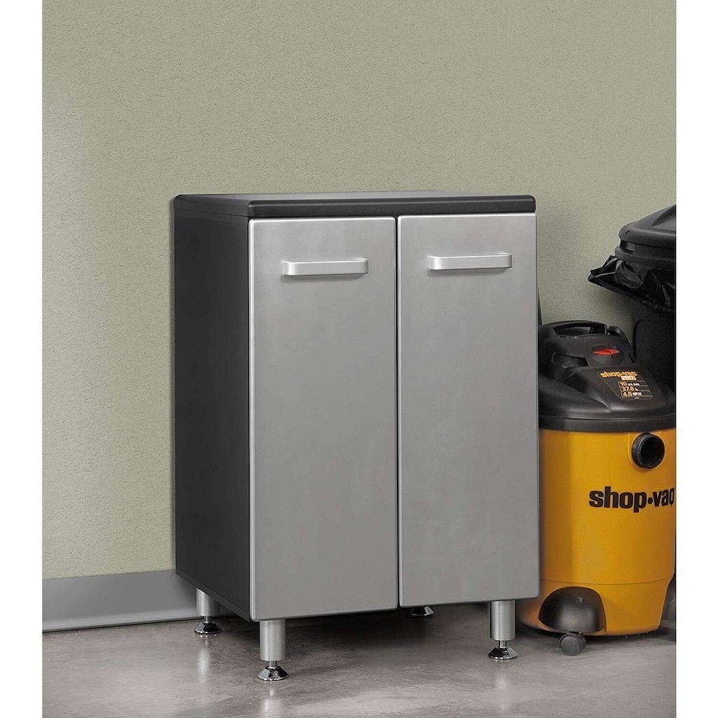 Garage Base Cabinet - 2 Door Storage Cabinet, Black Vinyl Laminate, Adjustable Feet, Soft-Close Doors