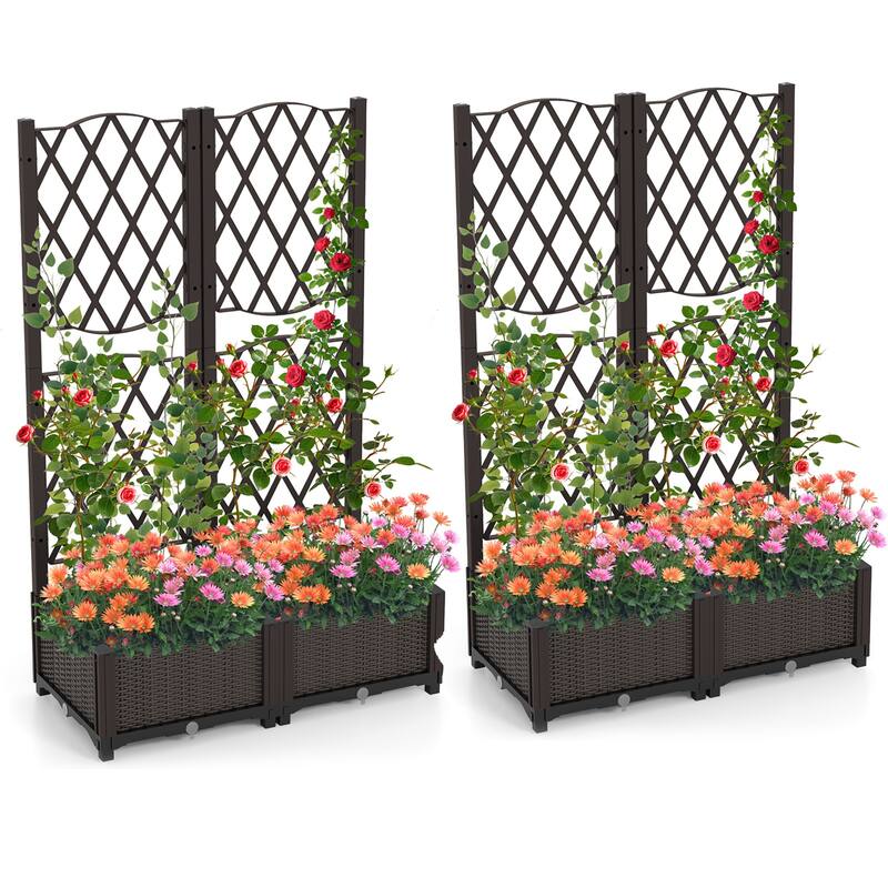 Gymax 2PCS Raised Garden Bed w/Trellis Planter Box for Climbing Plants - Brown