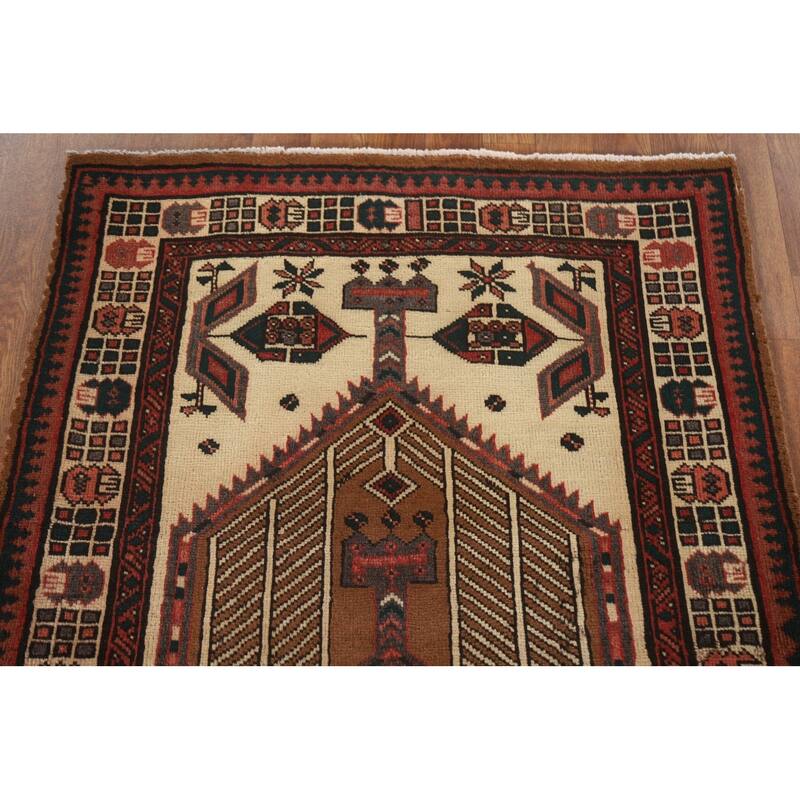Brown Ardebil Persian Runner Rug Handmade Vintage Wool Carpet - 3'2"x 6'11"