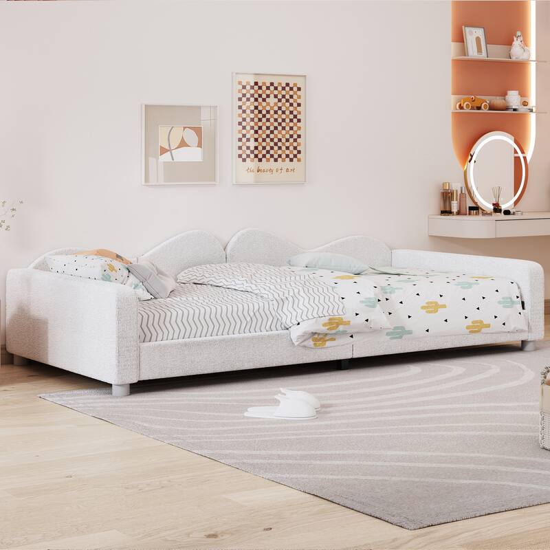 Twin size Upholstered Daybed, Sherpa Fabric Sofabed with Cloud-Shaped Backrest, No Box-spring Needed