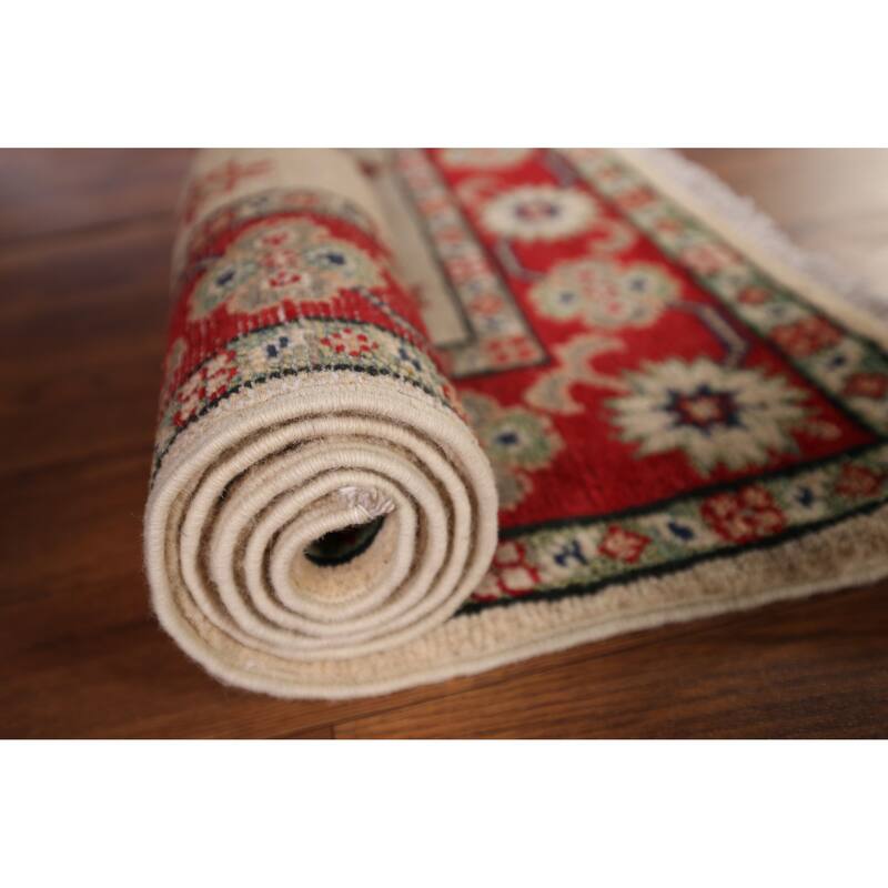 Ivory Geometric Kazak Accent Rug Hand-Knotted Wool Carpet - 2'10" x 3'10"