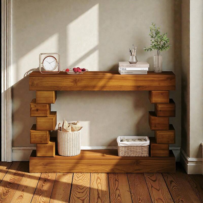 47" Geometric Block Stacked Wood Console Table with Warm Natural Finish, Modern Entryway & Living Room Accent Table - Brown