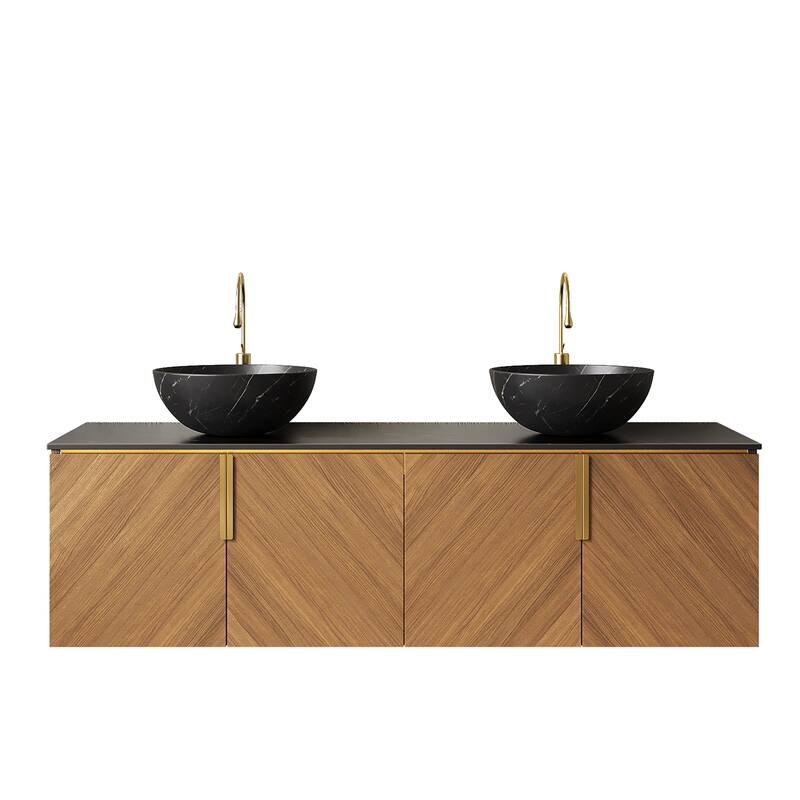 GDFStudio - Arai Modern 60" Floating Bathroom Vanity with Black Sintered Stone Countertop, Dual Ceramic Basin & 4 Doors