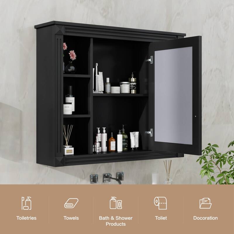 Wall-Mounted Medicine Cabinet with Mirror, Modern Bathroom Storage Cabinet, Adjustable Shelves, Towel Rod, Black