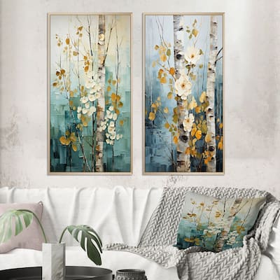 Designart "Birch Woods Whispering Winds IV" Tree Birch Framed Wall Art Set Of 2 - Blue Canvas Set For Living Room Decor