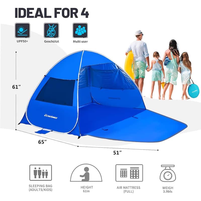 Beach Tent Sun Shelter for 3/4 Person, Portable Beach Umbrella Cabana