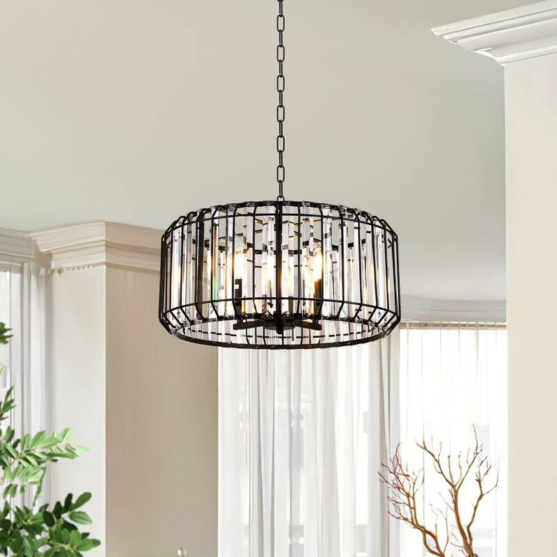 4-light Elegant Crystal - Adorned Black Drum Chandelier - Matte Black