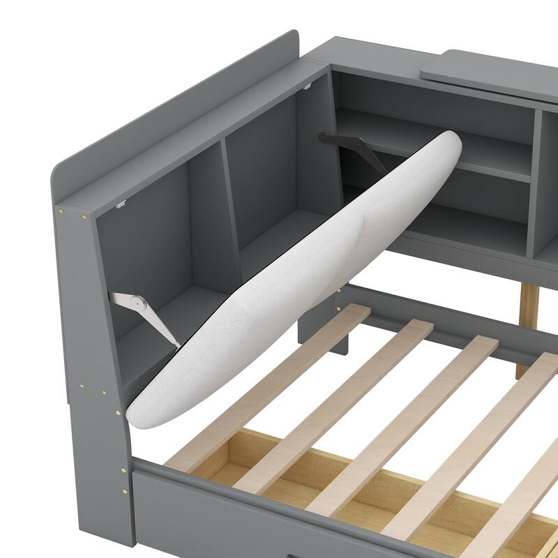 Twin Size Platform Bed with Storage Headboard, Shelves, and 2 Drawers in Gray